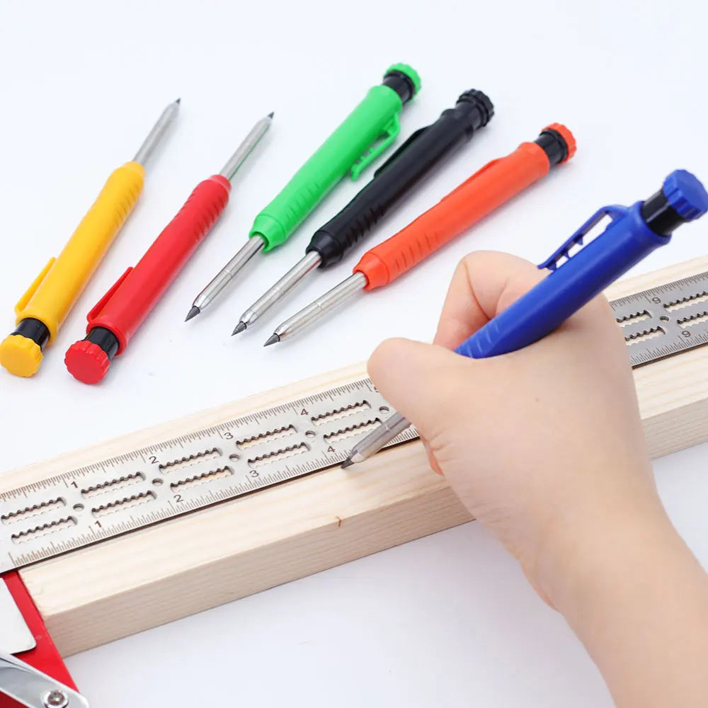 9pcs/set 2.8mm Deep Hole Carpenter Pencil Set - 3 Pens + 3 Lead Refills + 3 Caps. Versatile for Writing, Woodworking & Marking.