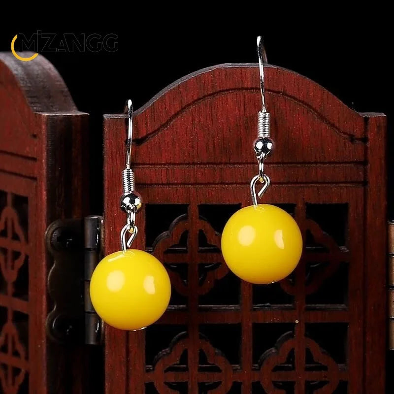 Natural Chicken Oil Yellow Beeswax Round Bead Earrings New S925 Silver Red Amber Eardrops Luxury Classic Women's Jewelry Mascots