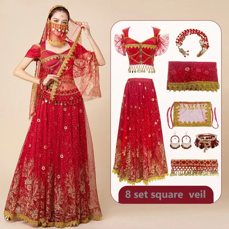 Women Festival Halloween Cosplay Belly Dance Top Dress Adult Indian Arab Jasmine Sari Fantasy Rave Bollywood Outfit Costume Suit