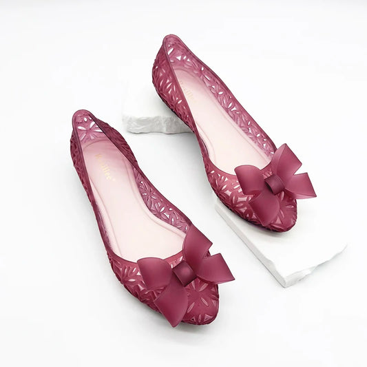 Resillee Women's Pointed Toe Ballet Flats Soft Waterproof Hollow Out Jelly Shoes Non-slip Slip-on Casual Shoes with Bow