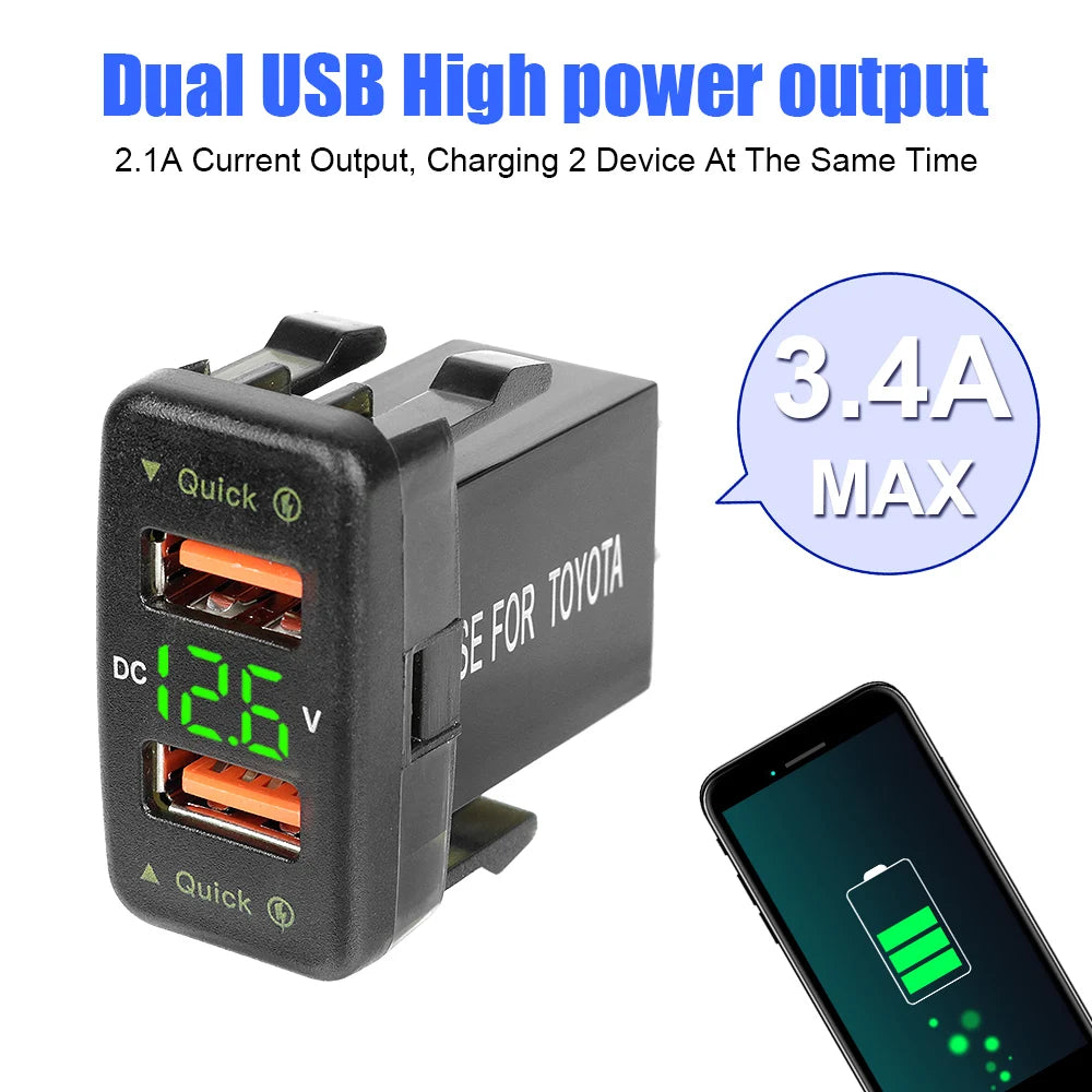 USB Chargers For Toyota Power Adapter Socket QC 3.0 LED Indicator Mobile Phone Charging Voltmeter Test Car Accessories 24V 12V