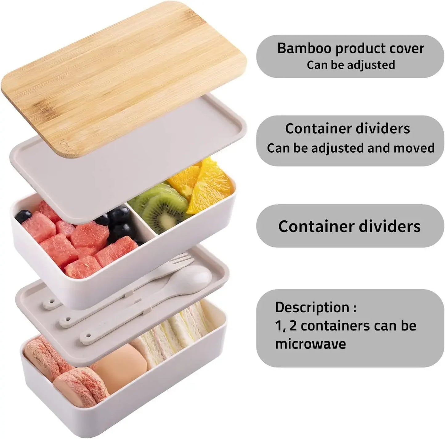 Adult Bento Lunch Box, 2-Tier Food Storage Container Set with Cutlery for Kids/children, Crisper Microwave and Dishwasher Safe