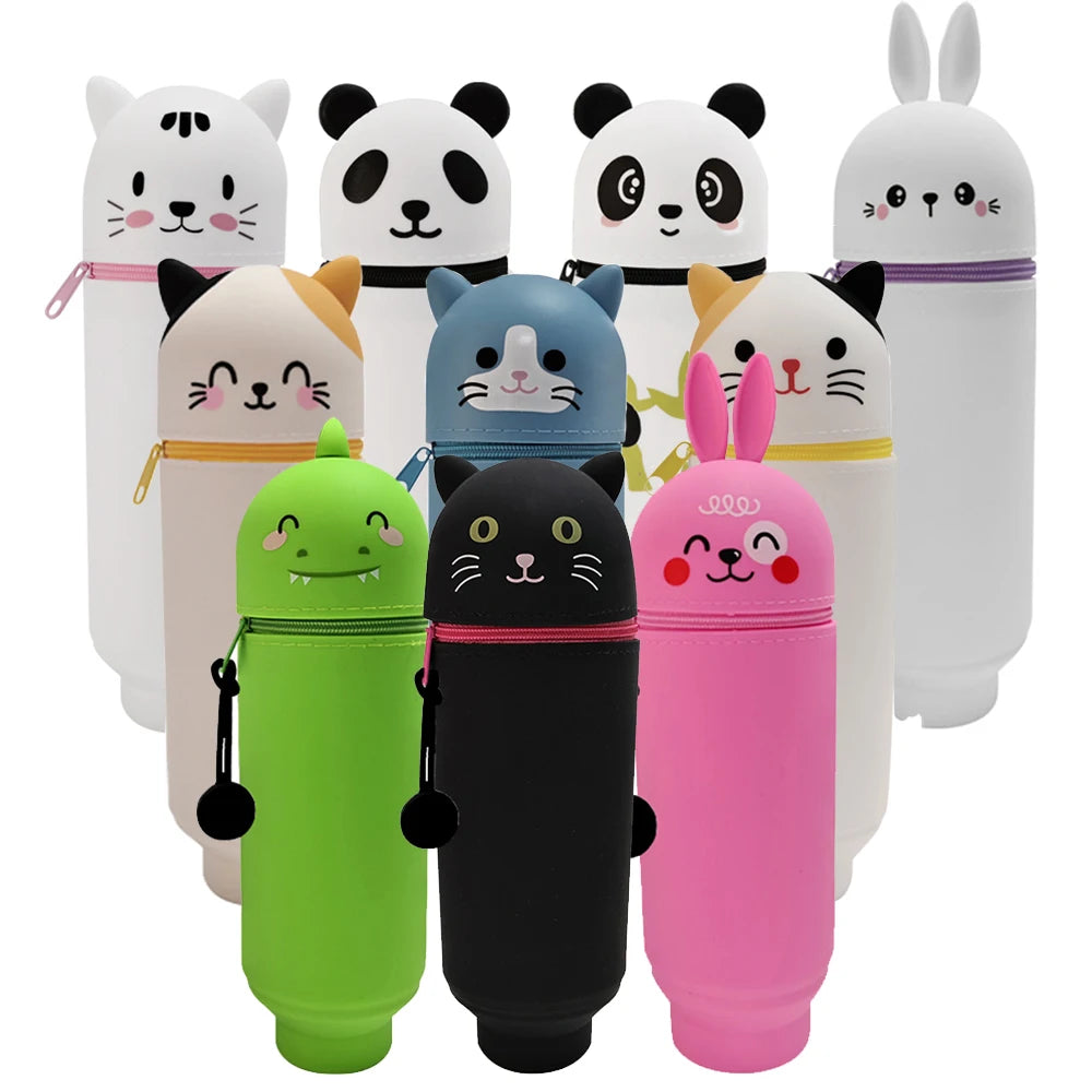 Silicone Cartoon Pencil Case with Zipper, Stand Up Organizer for Kids School Supplies
