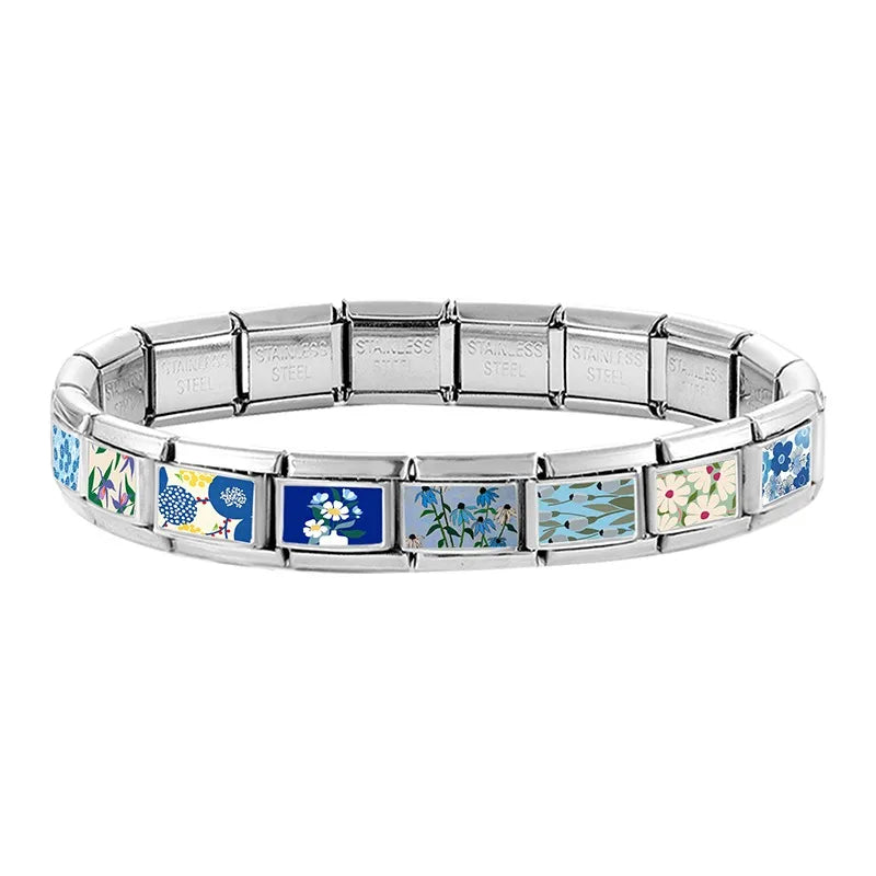 Wholesale Blue Series Beautiful Blue Flowers Italian Charms Fit 9mm Stainless Steel Women Fashion Bracelet DIY Jewelry Gifts