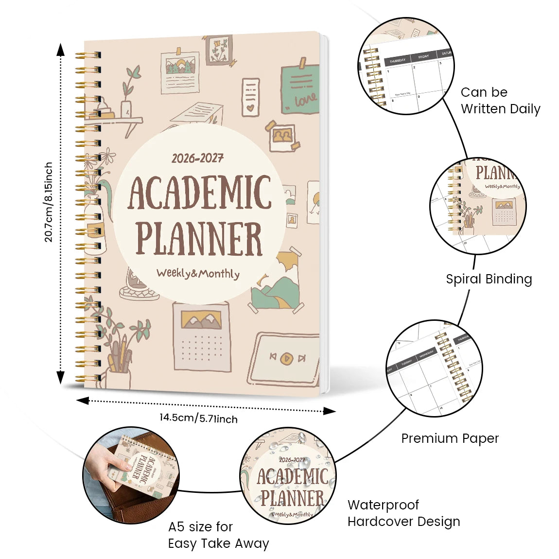 A5 2026-2027 Academic Planner Weekly Monthly Organizer, Jan 2026 to Dec 2027, School Student Teacher Spiral Notebook Calendar