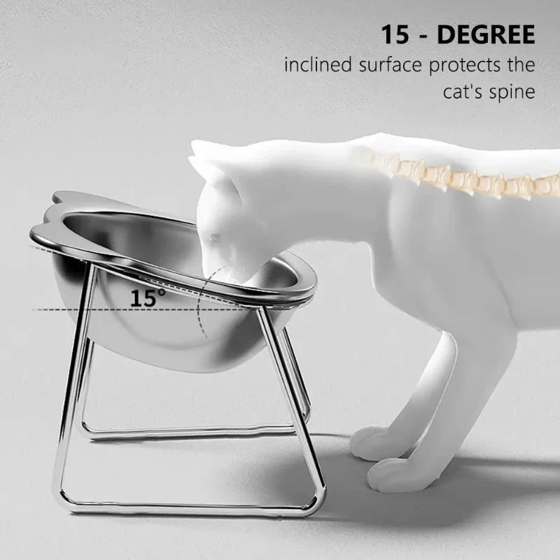 ‌304 Raised Stainless Steel Cat Bowl with 15° Elevated Design Tilted Neck Guard Healthy Feeding Shatterproof for Cats Puppies