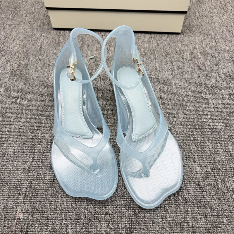 Summer Women's Low Heel Herringbone Sandals Vacation Style Crystal Jelly Beach Shoes Fashion Comfortable Buckle Flip Flops Shoe