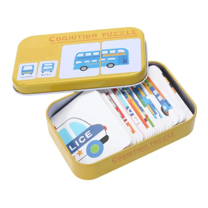 3-6T Baby Cognition Puzzle Toys Kids Iron Box Cards Matching Game Cognitive Card Car Fruit Animal Life Puzzle