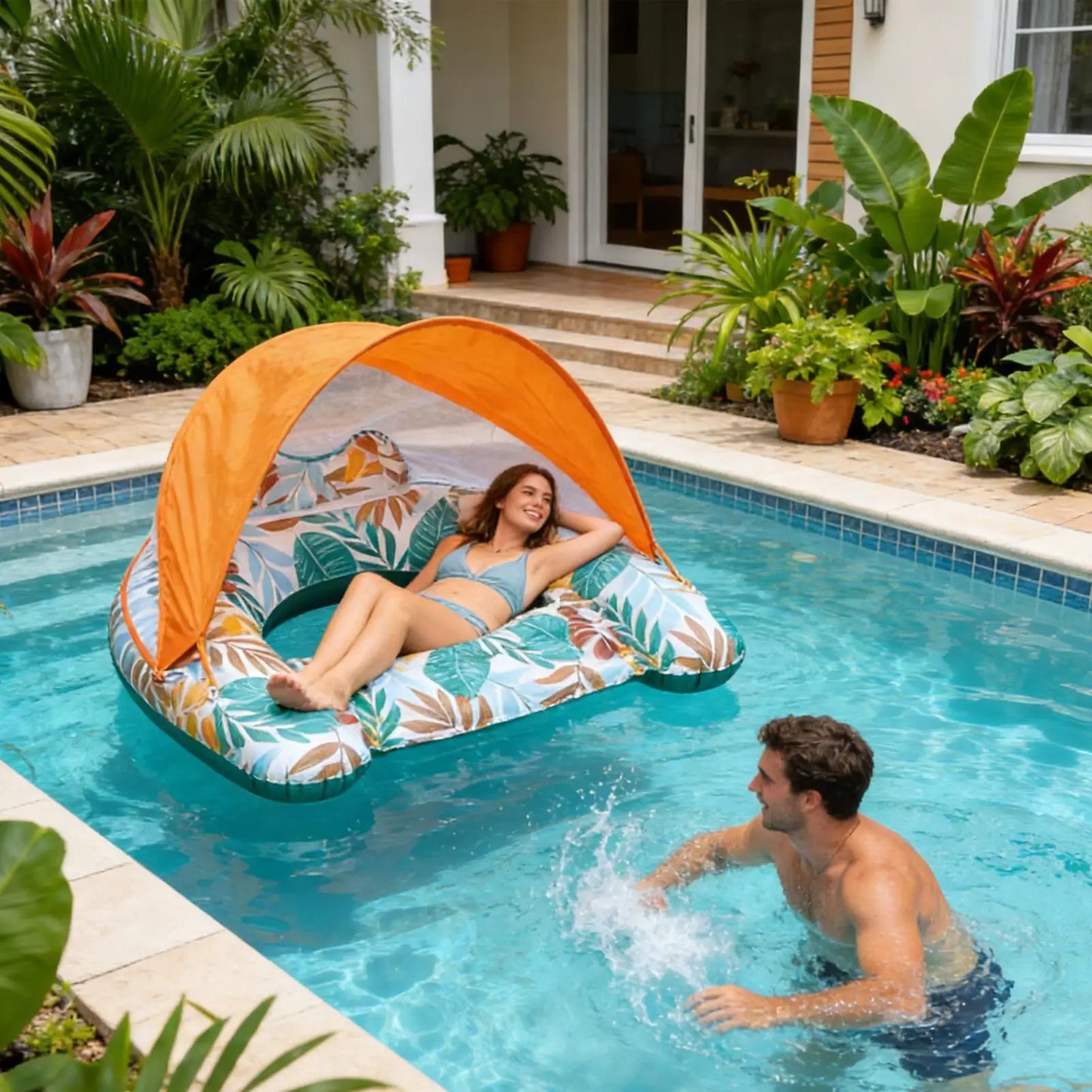 Pool Float with Canopy Blow Up Floating Chair Lounge Swimming Pool Float with Ergonomic Headrest for Summer Beach Vacation