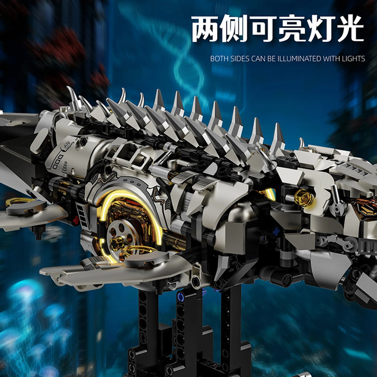 1413PCS Mechanical Dinosaur Joints Movable Lighting Building Blocks Mosasaurus Model Jurassic Scene MOC Assembly Toy Boys Gift