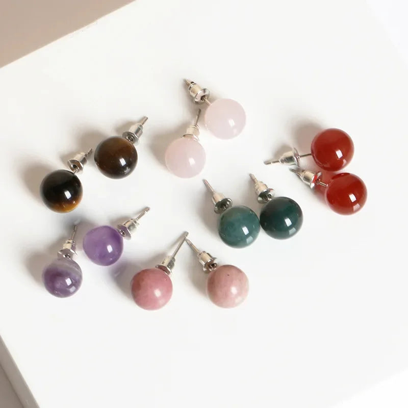 6mm 8mm 10mm Natural Agate Earrings Healing Crystal Stone Round Ball Pearl Beads Stud Fashion Jewelry for Women Girl Wholesale