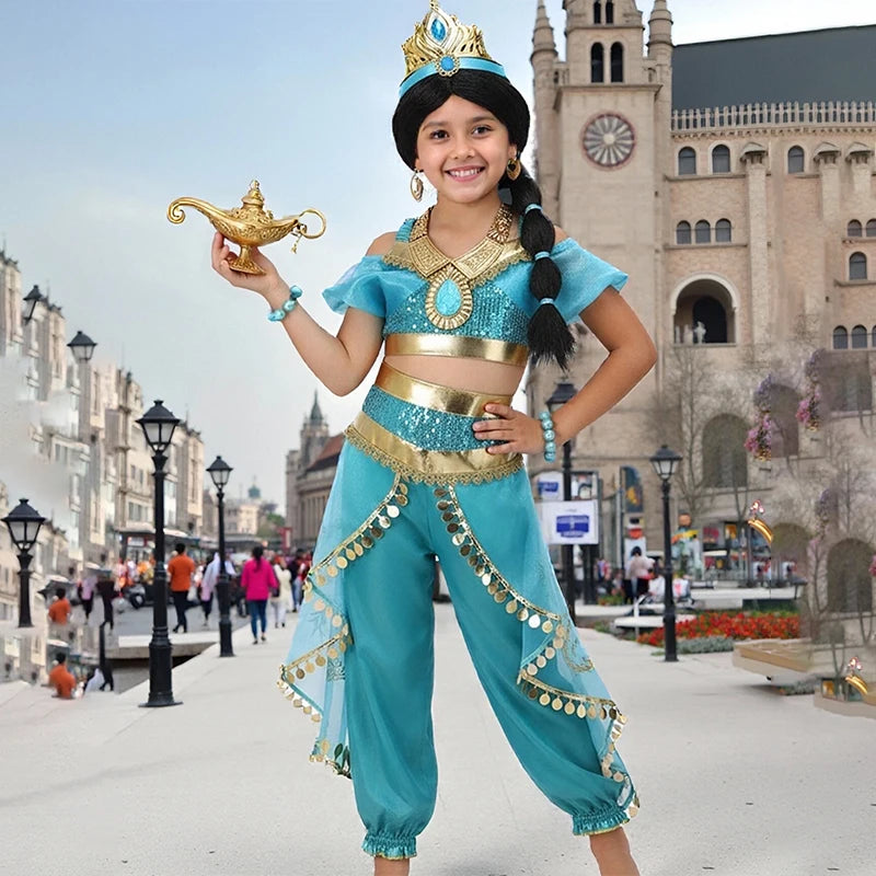 Girls Princess Jasmine Cosplay Costume Set Kids Arabian Outfit With Wig Crown Lamp Halloween Carnival Birthday Party Fancy Dress