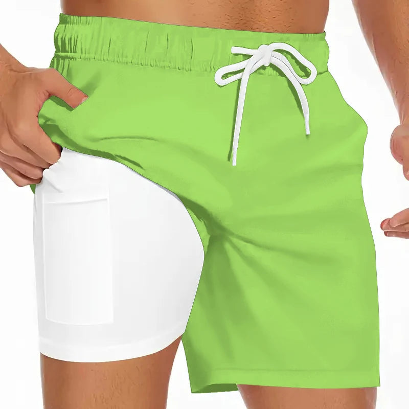 Mens Swim Trunks with Compression Liner Phone Pocket Summer Quick Dry Board Shorts Beach Shorts Swimwear Swimsuit Bathing Suits