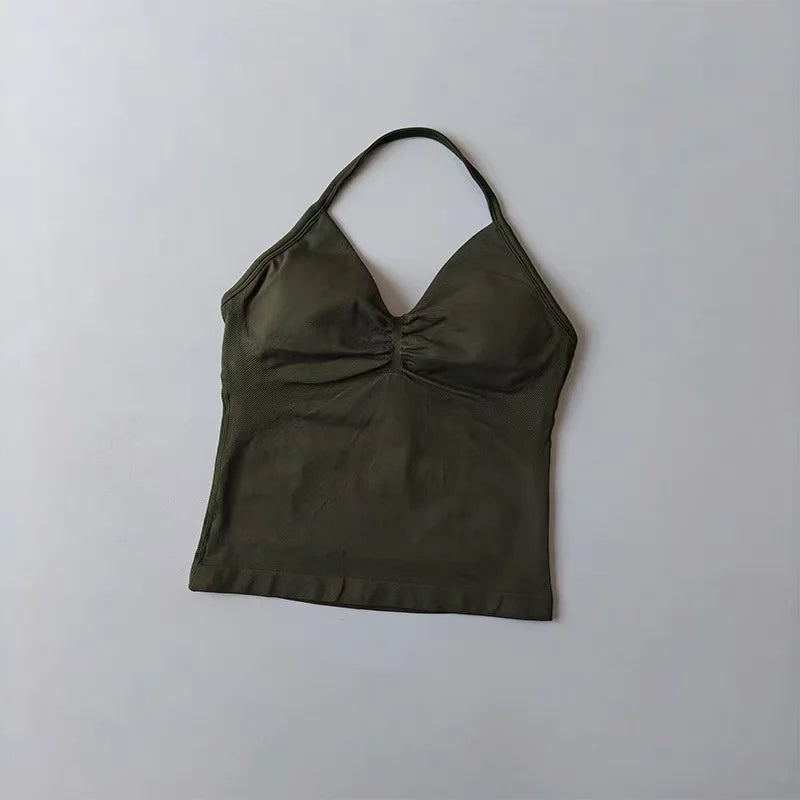 Sexy Halter Neck Beautiful Back High Waist Peach Sports Bras Shorts Suit Pilates Gathering Yoga Vest Training Fitness Bra Sets
