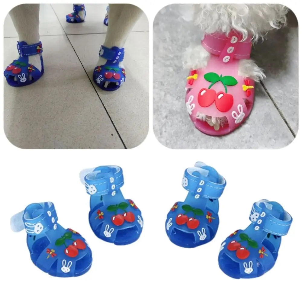 4Pcs/Set Cartoon Dog Summer Jelly Sandals Non-slip Adjustable Breathable Dog Shoes Wear-resistant Waterproof Hollow Puppy Shoes