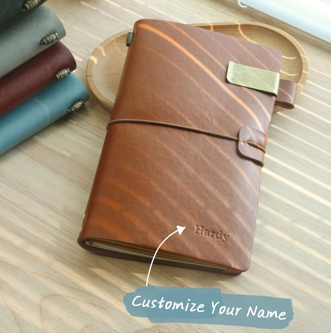 Customizable Vintage Leather Journal A6 Travel Notebook with Pen Holder And PVC Cash Card Sleeves Personalized Sketch Journal