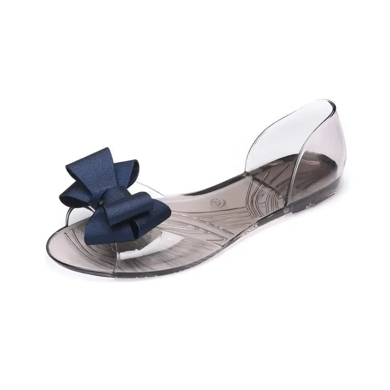 No Heel Beach Transparent Summer 2025 Jelly Sandals for Women Footwear Outdoor Bow Ladies Shoes Flat Rubber Crystal F Shoe Korea