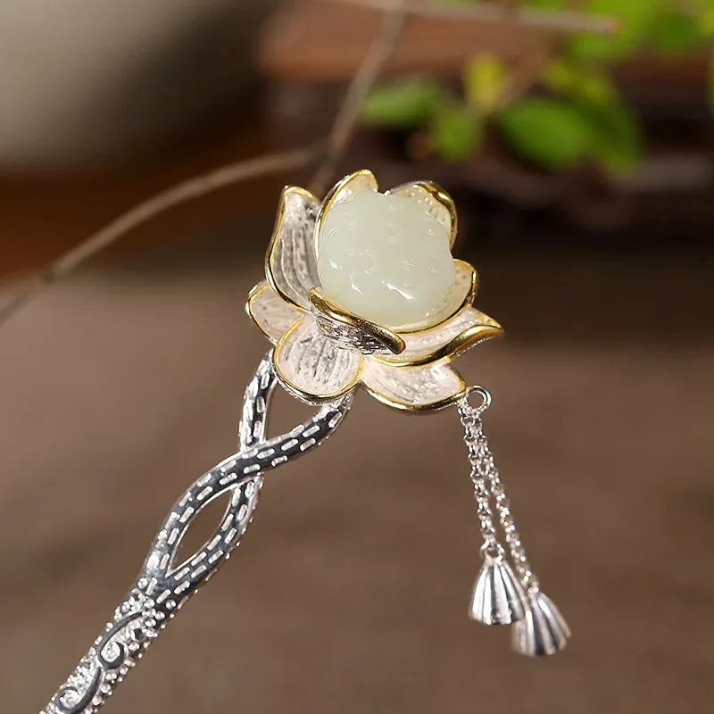 Classic Lotus Flower Jewelry Sets Natural Hotan Jade Various Exquisite Ring Earrings for Women Pendant Hairpin Brooch Bracelets