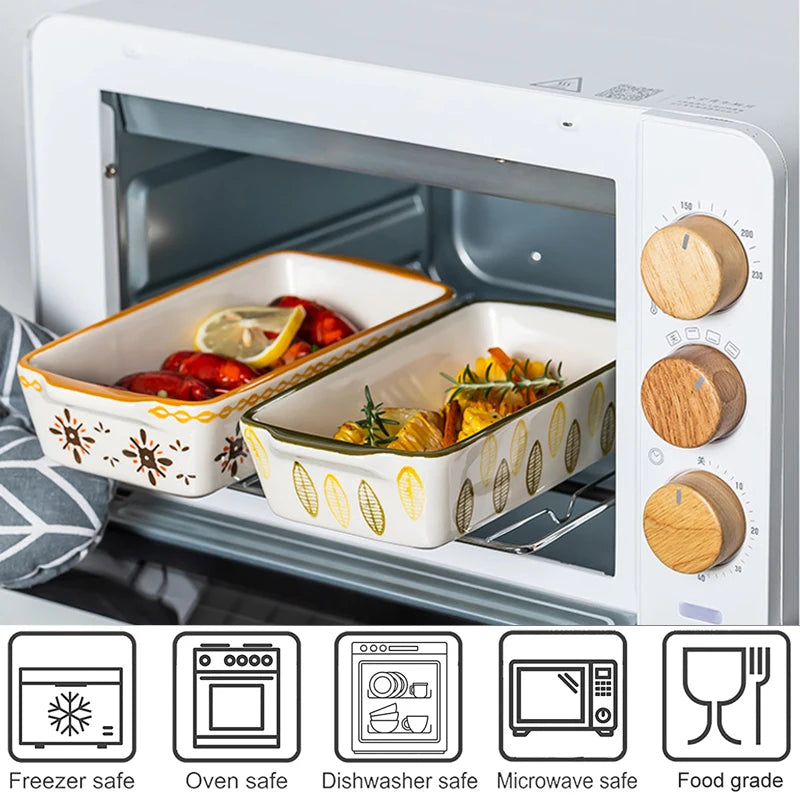 Rectangular Oval Bakeware Pan With Handle Ceramic Baking Dish Roasting Lasagna Pan Kitchen Salad Cheese Baked Pan Flowers