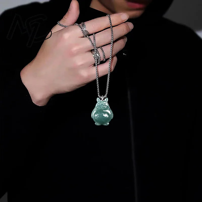 S925 silver Natural Blue Water Jade Cartoon Totoro Pendant Necklace Real Carved Charm Jadeite Jewelry Fashion Amulet Gifts Women