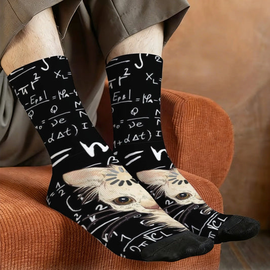 Schrödinger's Cat Science Formula Theme Print Men's Mid-Calf Socks Black Cute Funny Novel Hardcore STEM Style Student Socks