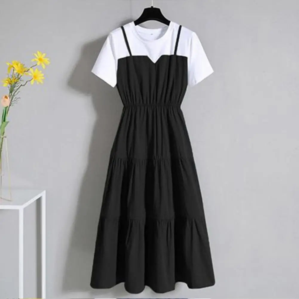 2024 Fashion Strap Fake Two piece Dress Block Summer Short sleeved Dress Women's Waist Tight Dress