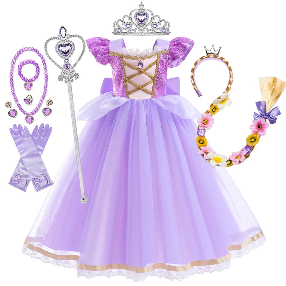 Summer Rapunzal Girl Princess Dress Cosplay Tangled Halloween Birthday Party Vestido Kids Birthday Costume