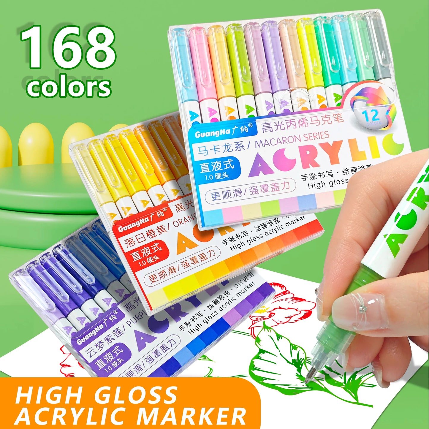 168/12 Colors High Gloss Acrylic Markers Set Premium Acrylic Pens for Wood,Ceramic, DIY Crafts Making Art Supplies Drawing