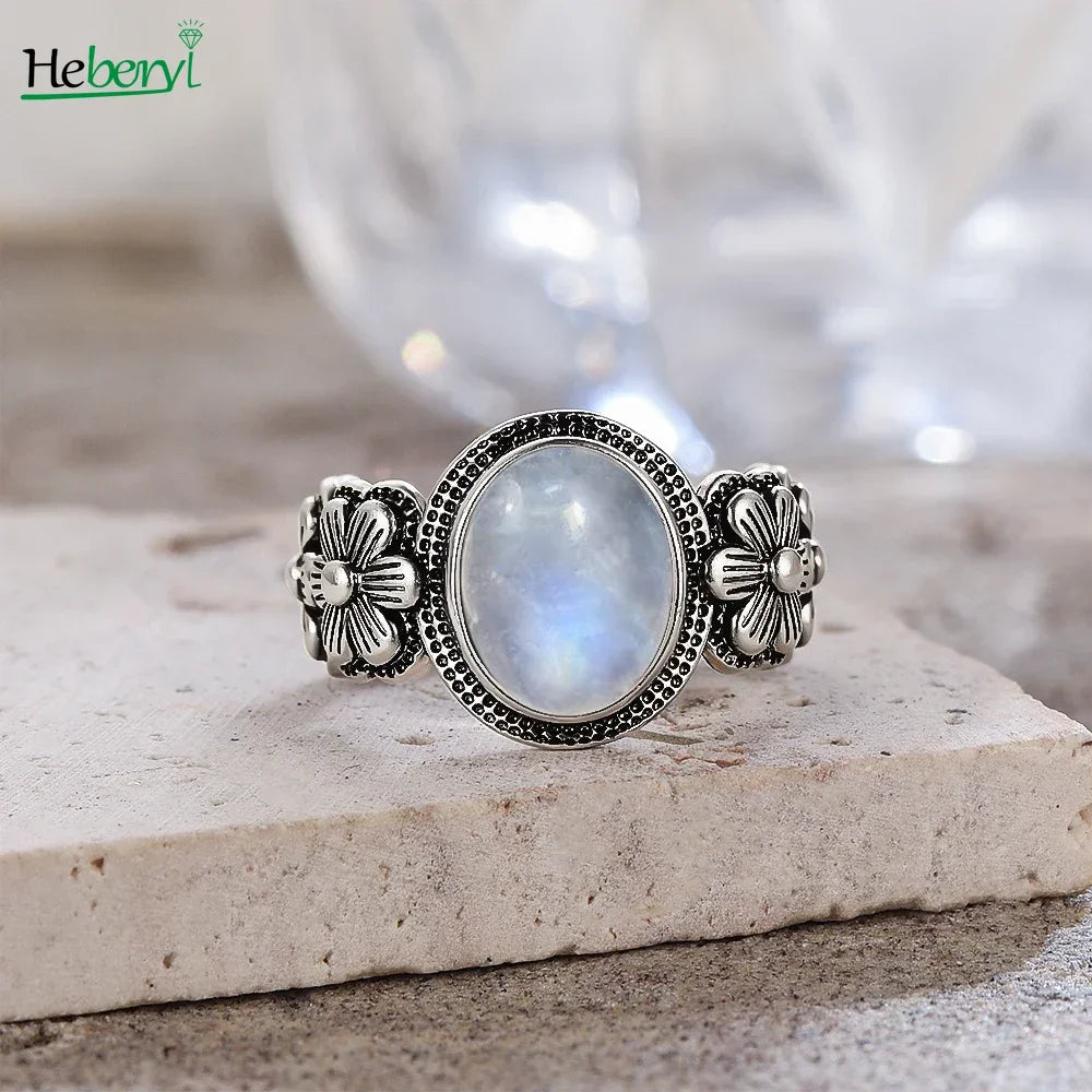 Vintage S925 Sterling Silver Rose Flower Ring With Oval 8*10mm Natural Moonstone Sweet Ring Fine Jewelry For Woman