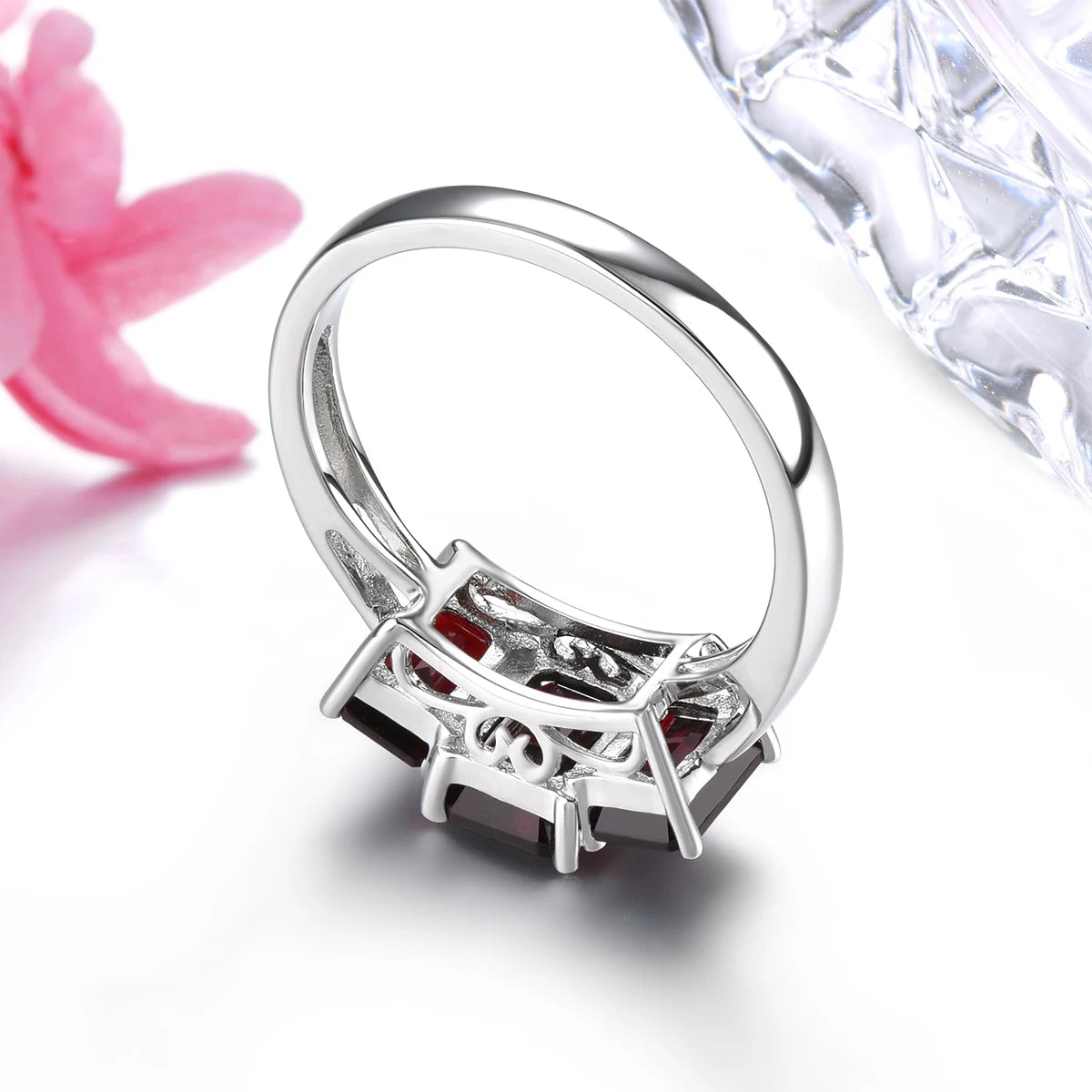 Natural Red Garnet Solid Silver S925 Ring 2.5 Carats Genuine Gemstone Classic Fine Jewelry Style Rhodium Plated Daily Decoration