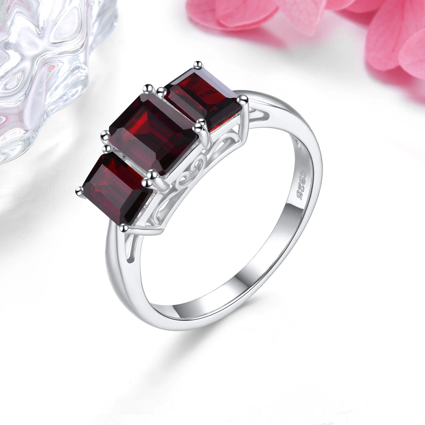 Natural Red Garnet Solid Silver S925 Ring 2.5 Carats Genuine Gemstone Classic Fine Jewelry Style Rhodium Plated Daily Decoration