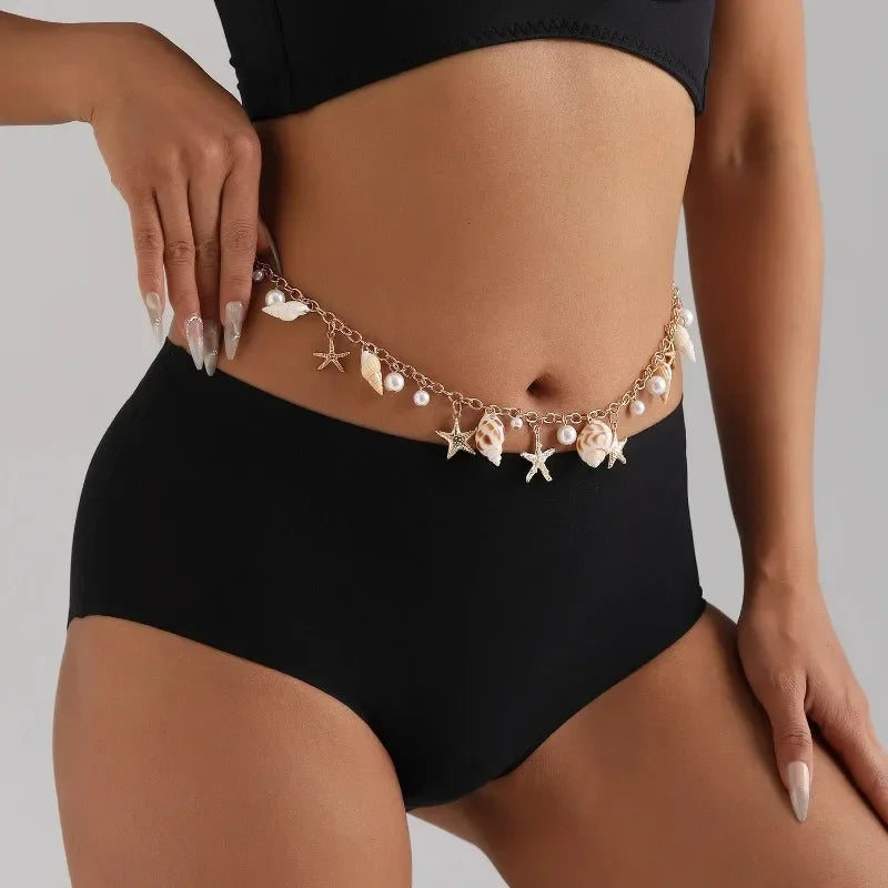 Fashion Natural Shell Conch Sea Star Imitation Pearl Tassel Pendant Waist Chain for Women Sexy Boho Summer Chain Belt Necklace