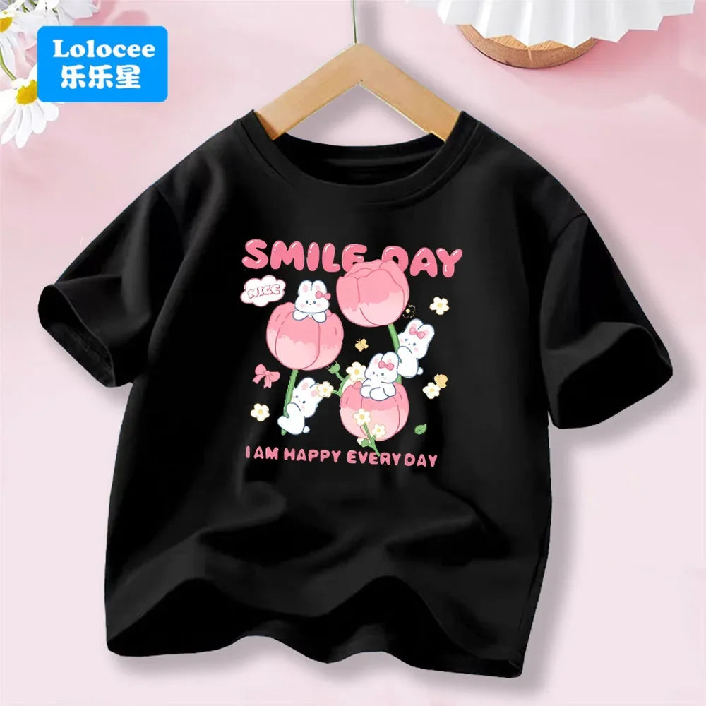 3-14T Kid Clothes Summer Cotton T Shirt Short Sleeve Top Beauty Tulip Flower and Rabbit Print Tee Childrens Candy Color Tshirt