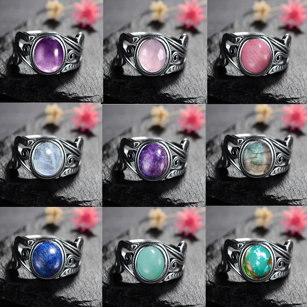 Natural 8x10MM Tiger's Eye Rings Vintage S925 Silver Finger Ring for Women Gift Luxury Rhodochrosite Stone Jewelry