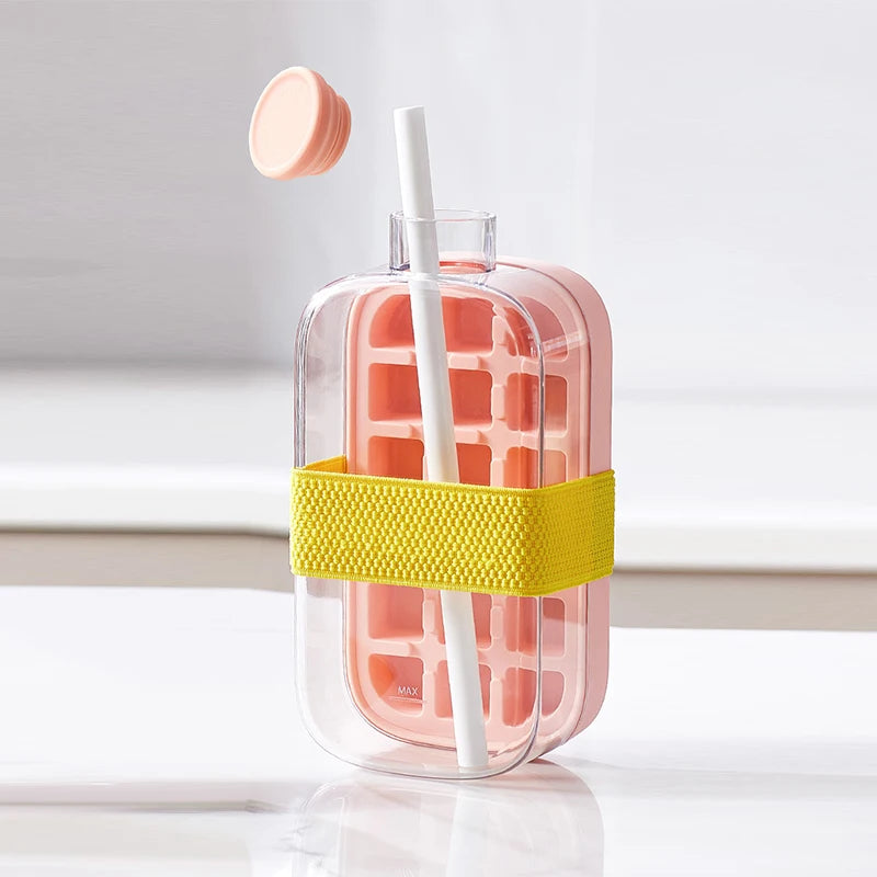 Ice Cube Tray Press Ice Maker with Lid Food Grade Cooling Ice Mold 2 in 1 Ice Straw Water Bottle for Summer Cooling Drinks