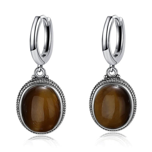 S925 Silver Earring Oval Emperor Stone Hoop Earrings for Women Retro Moonstone Party Dainty Jewelry Birthday Gift