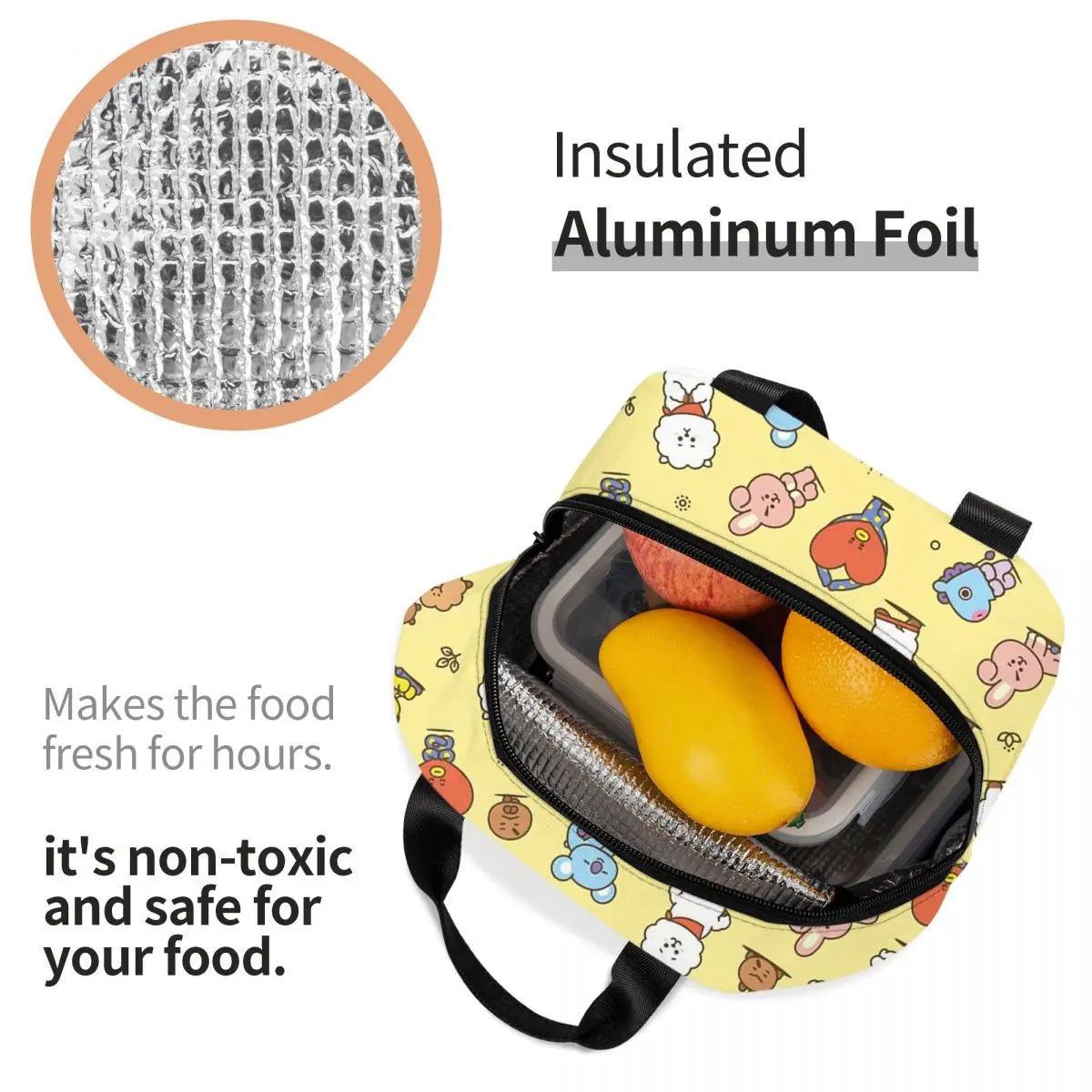 Cute Cartoon BT21 Insulated Lunch Bag for Women Kids Leakproof Food Boxes Thermal Lunch Box Tote