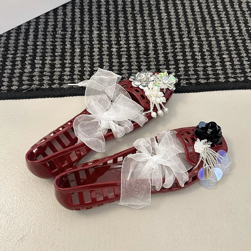 2025 Korea Style Jelly Flats Fashion Lace Band Shoes Accessories Women Loafers Hollow Square Toe Women Beach Sandals Soft Sole