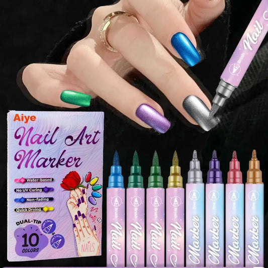 10/12‑Color Dual Tip Nail Art Paint Marker Pens, Quick Drying Water‑Based Nail Drawing Tools, For DIY Manicure Decoration