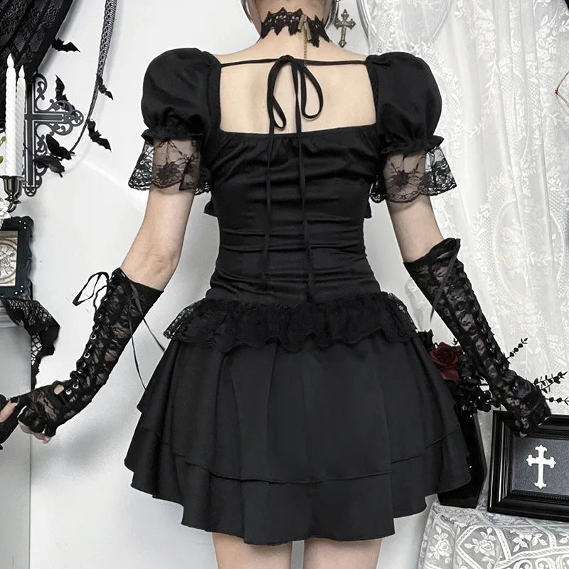 Goth Dark Gothic Lace Trim Puff Sleeve A-line Mini Dress Women Outfits Embellished Square Neck Dresses Bandage Lace Up Halloween