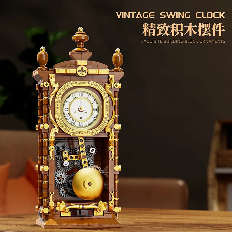 Swinging Retro Mechanical Pendulum Clock Building Blocks - 751 Pcs 3D Model Kit for Adults, Unique Home Decor Gift Idea