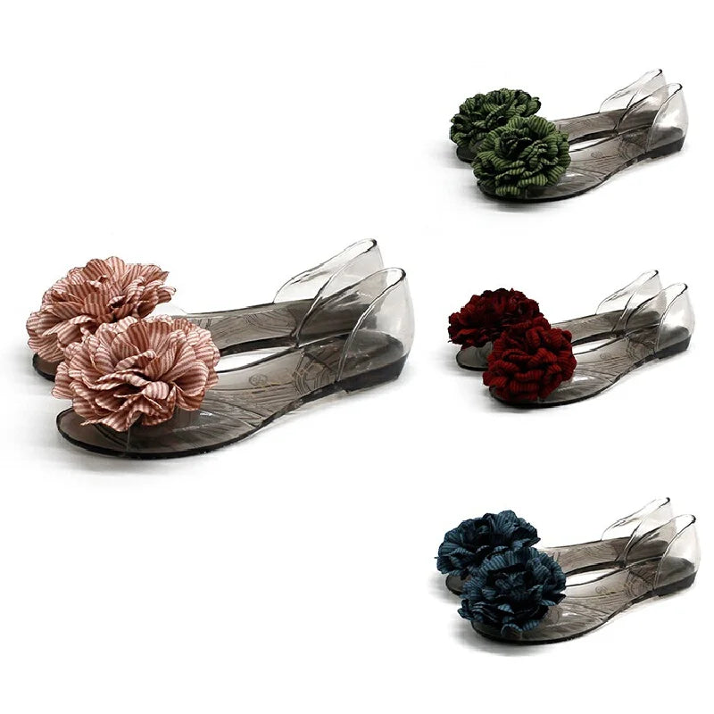 CHENLE Women's Peep Toe Flat Jelly Sandals Floral Decor Transparent Spring Summer Casual Indoor Outdoor Wear Ladies Fashion