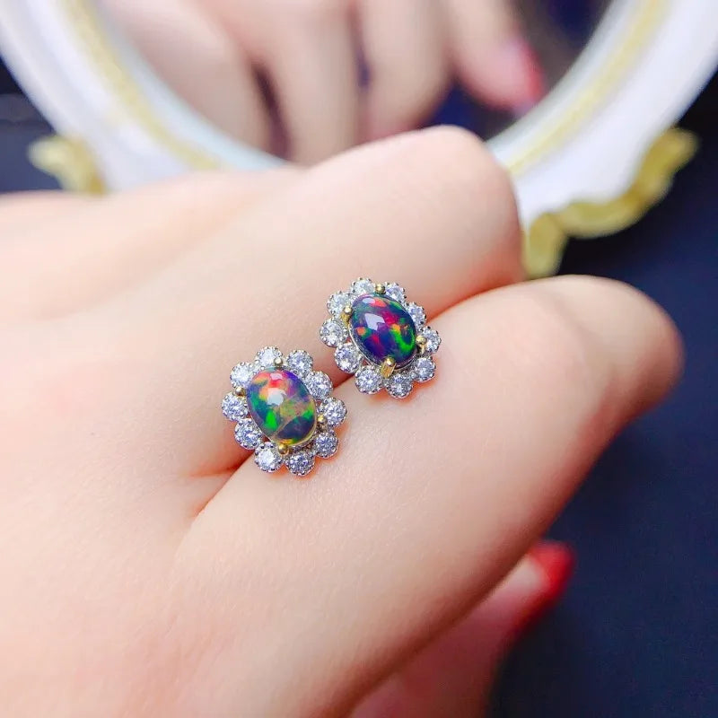 Natural Black Opal Earrings S925 Pure Silver with Certificate Fine Fashion Weddings Charm Jewelry for Women