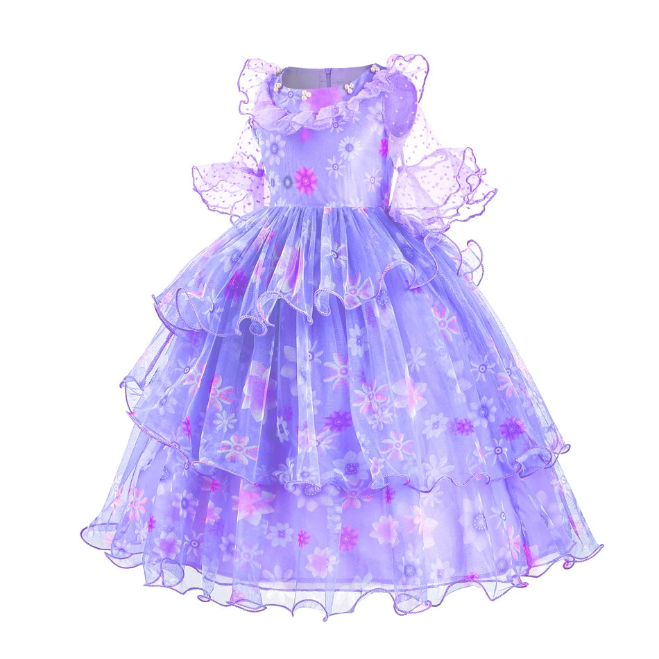 Encanto Isabela Costume Dress For Kids Girl Flare Sleeve Princess Dress Fiower Gown Halloween Christmas Birthday Party Outfits