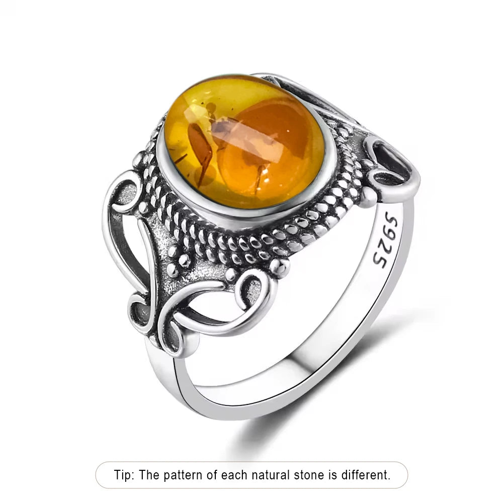 S925 Sterling Silver Ring With Natural Amber Stone Flower Shape Oval Petal Amber Stone Gifts Fine Jewelry For Women