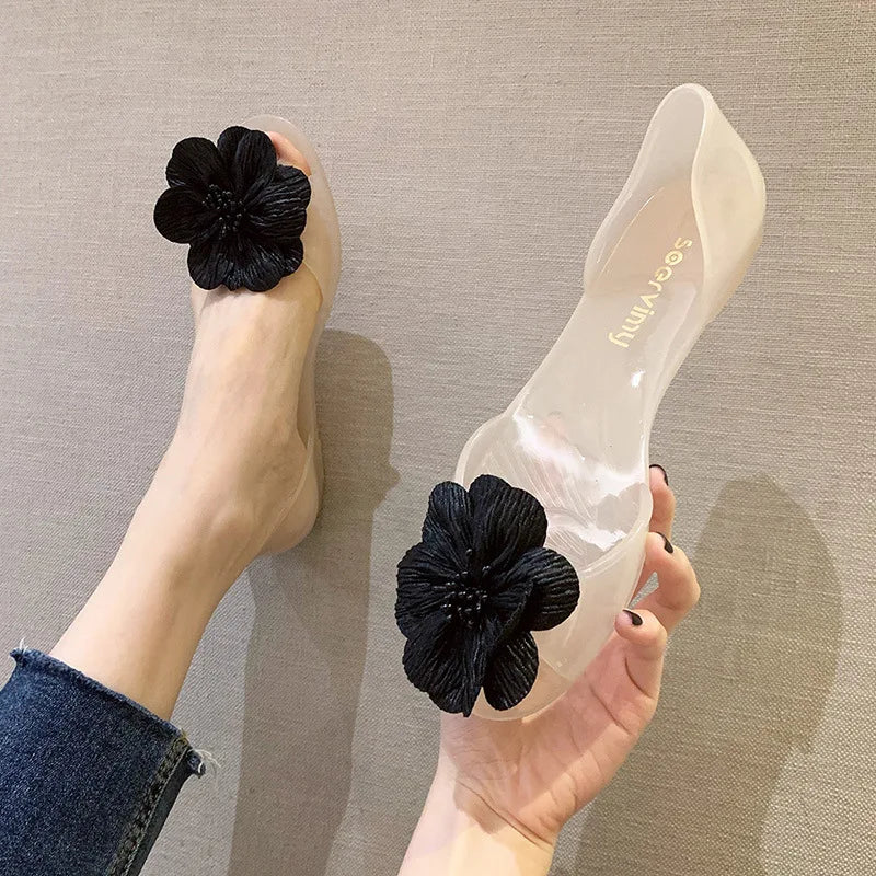 2026 New Fashion Women Jelly Sandals Transparent Crystal Design Flower Decor Waterproof Breathable Soft Sole Sweet Beach Shoes