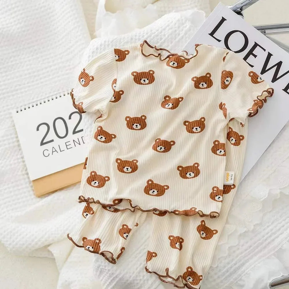 Bear Leader Summer Fashion New Short Sleeve Round Neck Flower Printed T-shirt Top+Pants 2 Piece Set Kids Casual Home Clothes