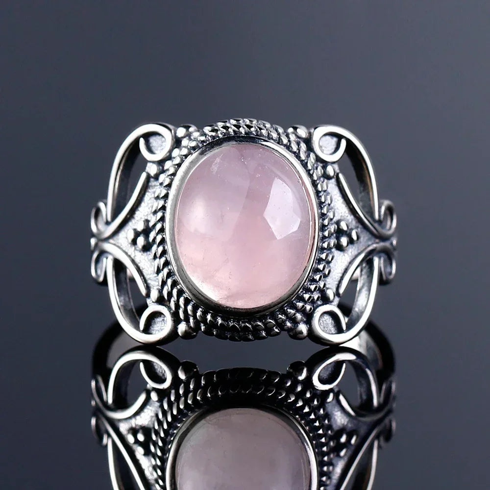 S925 Sterling SilverRing for Women Oval Round Natural Rose Quartz Ring Gift Sun Shaped Retro Luxury Fashion Fine Jewelry
