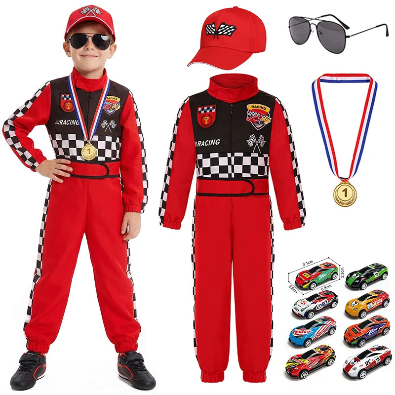 Kids Race Car Driver Costume – Checkered Jumpsuit with Cap, Sunglasses & Medal, Ages 3–10