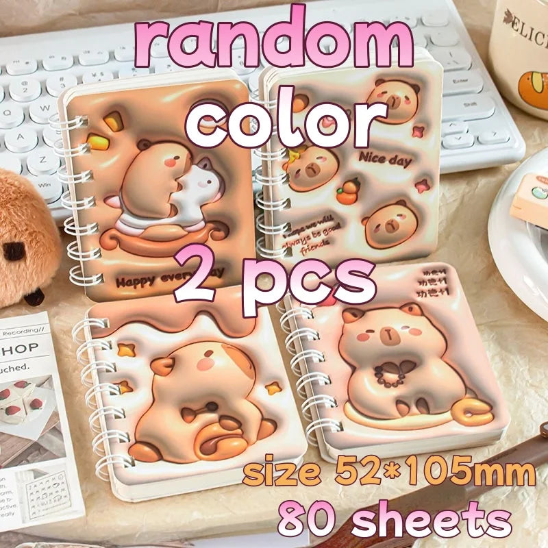 3D Cover Puff A7 Notebook for Students, High-Aesthetic Spiral Mini Journal, Portable Notepad for School Office Capybara Panda